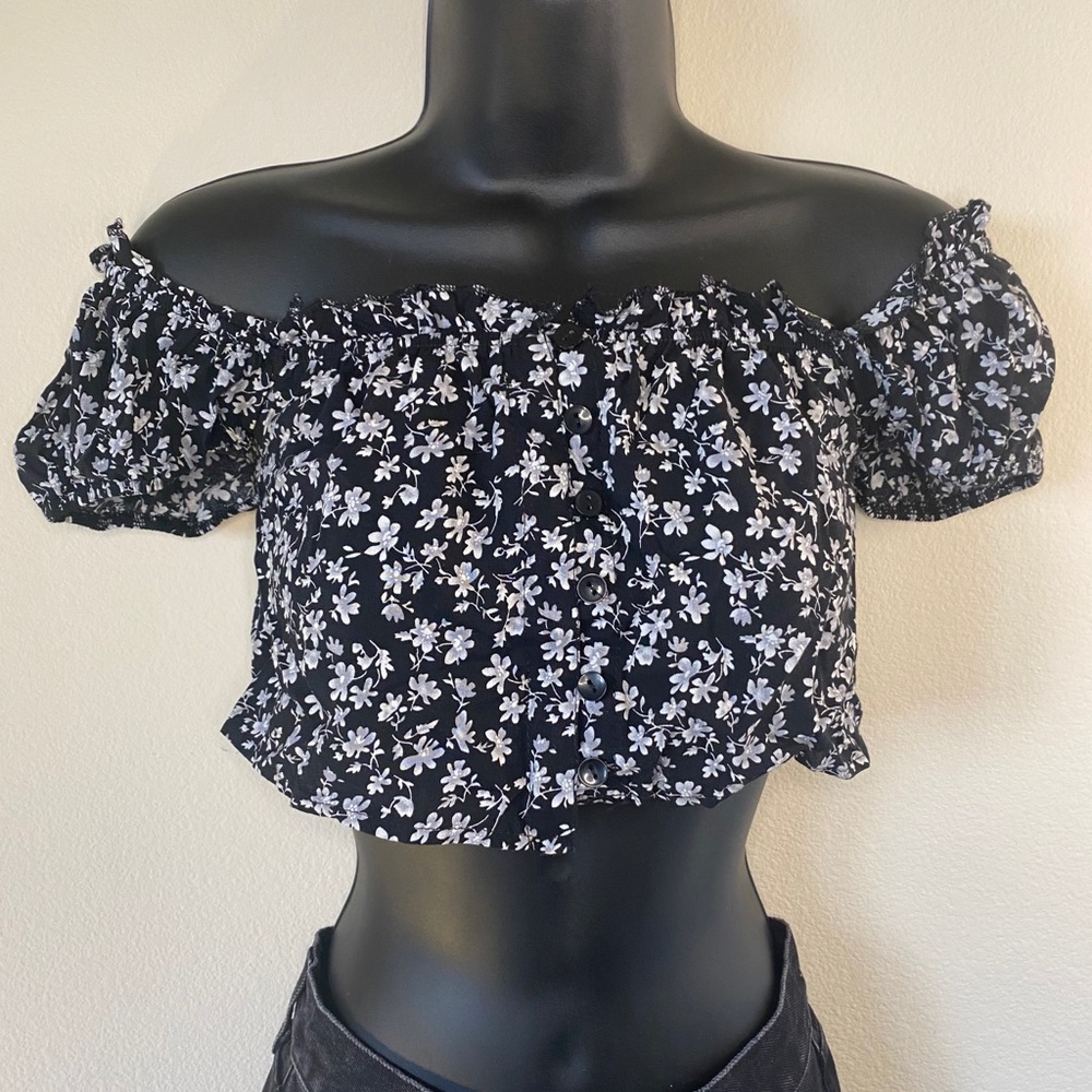Seek The Label Floral Frill Trim Bardot Crop Top